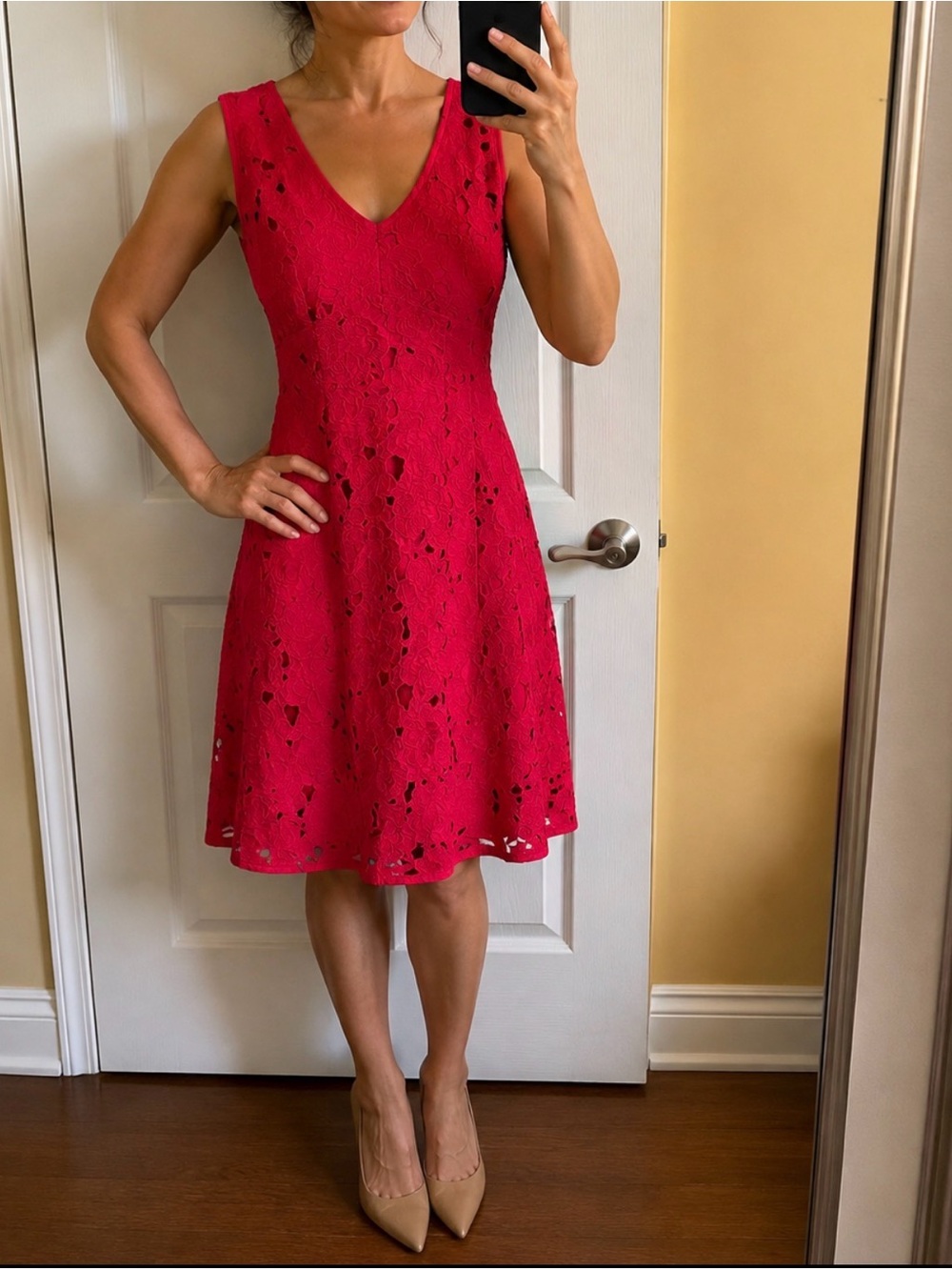 Catherine Malandrino Bright Red Lace V-Neck A-Line Dress
